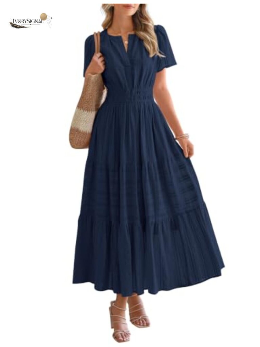 Womens Maxi Dress Short Sleeve V Neck Tiered Ruffle Pockets Flowy Beach